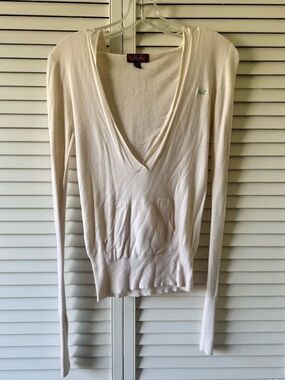 Hollister Ivory Knit Deep V-neck Hooded Sweater